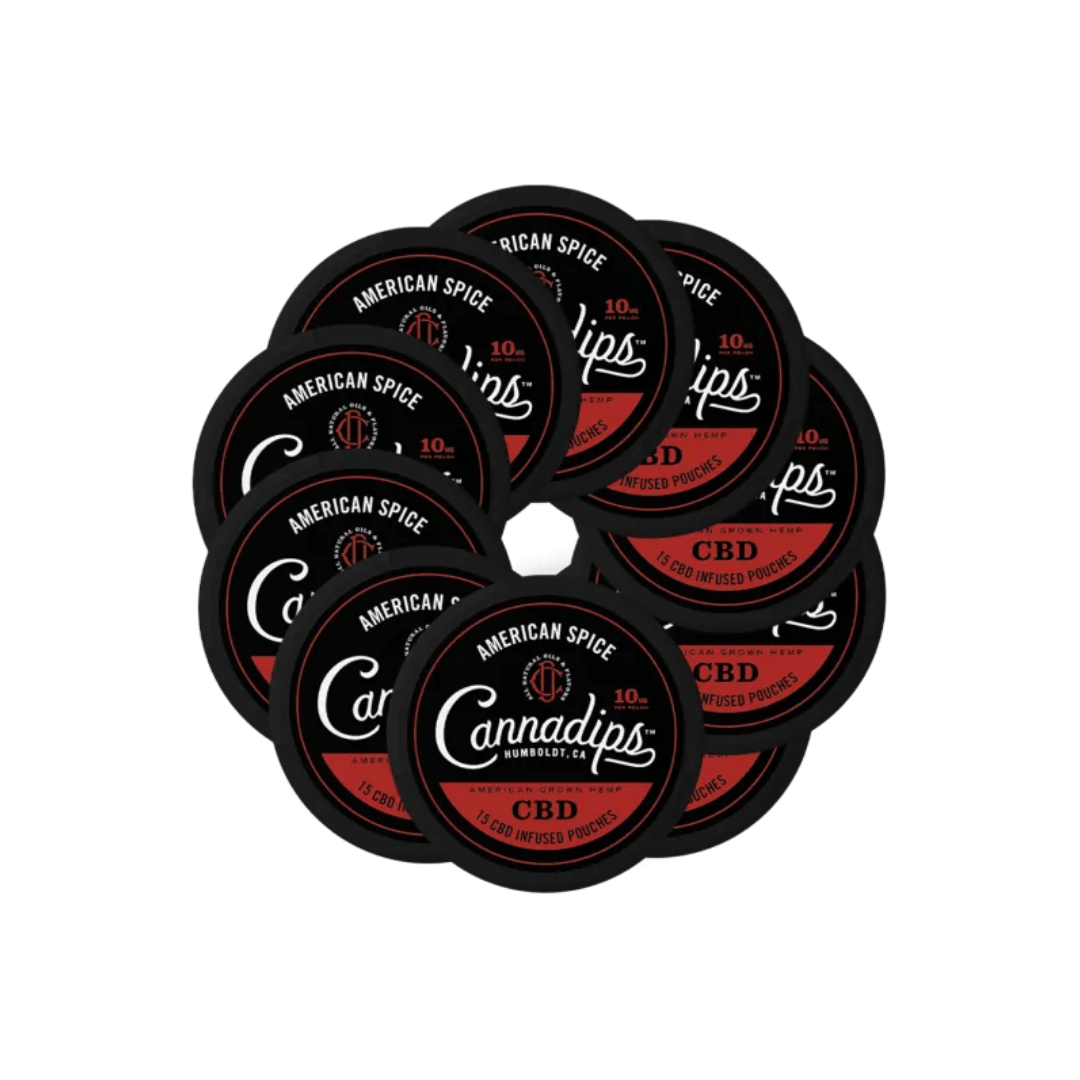 Cannadips 10-pack CBD snus cans in American Spice flavor, showcasing a tobacco-free snus experience.