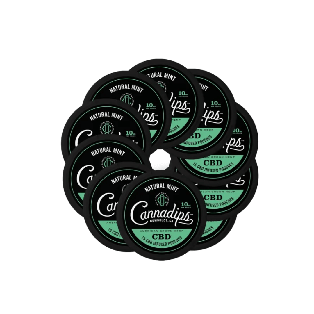 Cannadips 10-pack CBD-snus, innehållande 15 prillor med 10 mg CBD per prilla, tobaksfri snusupplevelse.